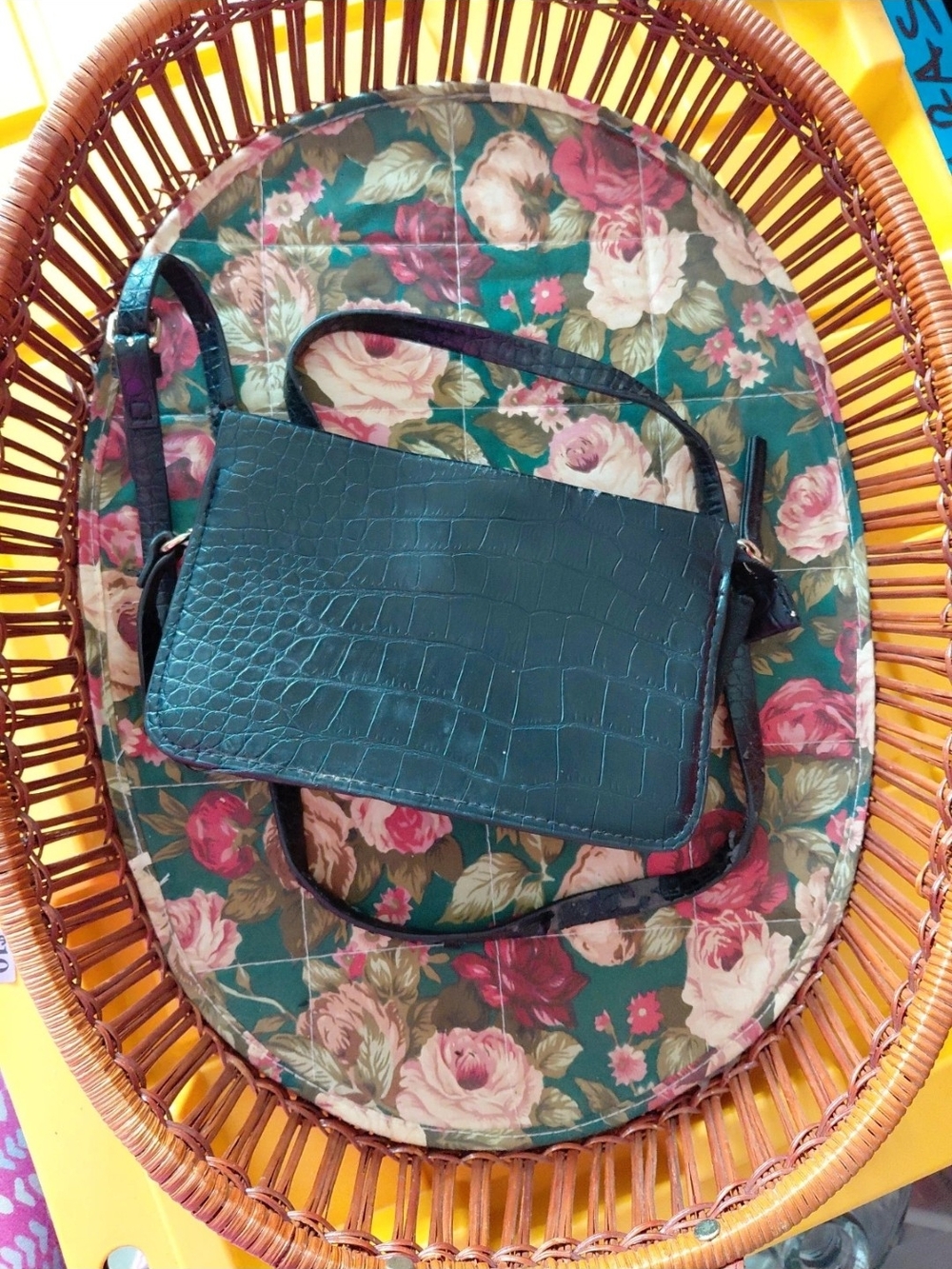 H&M Black Croc Embossed Crossbody Bag Distressed Vintage Look